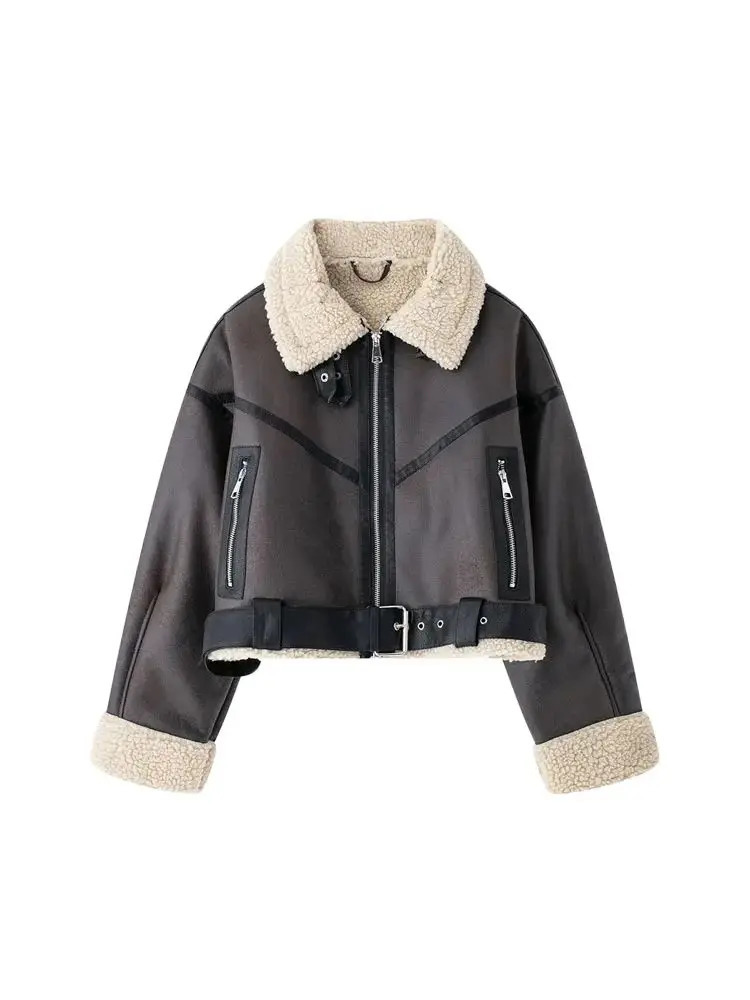 TRZA Winter Women Fashion With Belt Suede Lamb Leather Jacket Coats Faux Shearling Sheepskin Leather Outerwear Chic Tops 250804