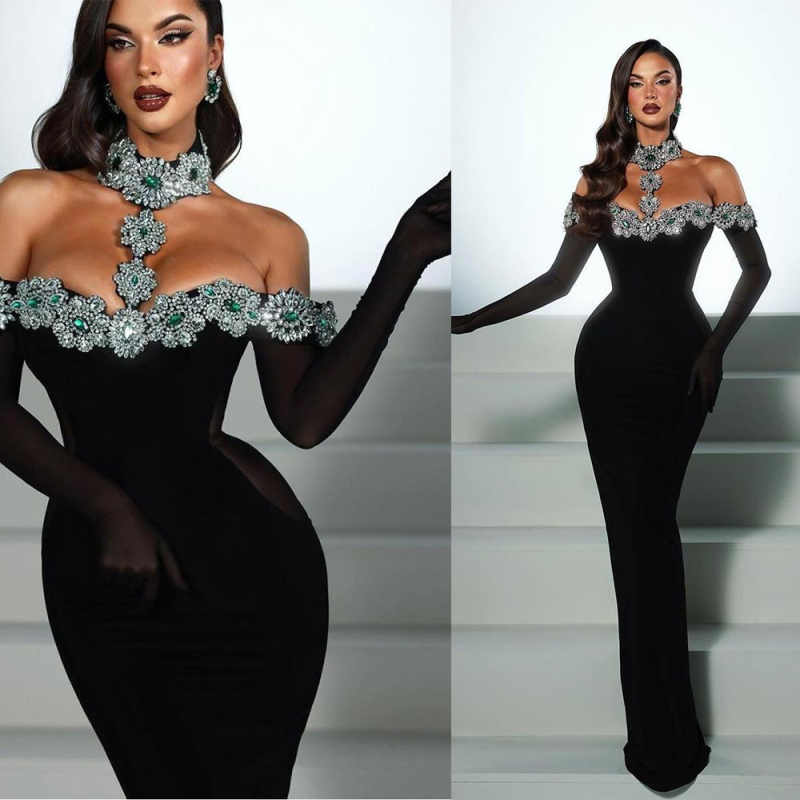 Elegant Prom Dress Mermaid Evening Dress Long-Sleeve O-Neck Straps Crystals Appliques Satin Prom Gowns Plus Size Customized vestido de novia L251770