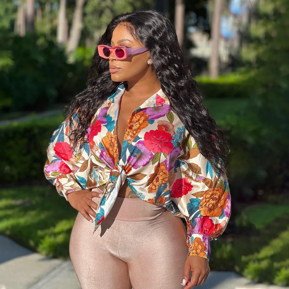 Women Silk Printed Casual Shirt Top Women Lantern Long Loose Blouse Female Clothes 250806