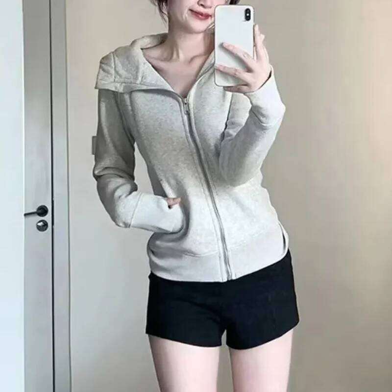 Cotton Sweatshirt for Women Spring Autumn Korean Versatile Trendy Sporty Slim Fit Hooded Coats Girls Grey Zipper Cardigan