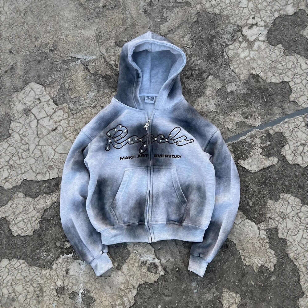 3D Digital Printing Handmade Distressed Tie-Dye Gradient High-End Cool Zipper Hoodie Jacket for Men and Women