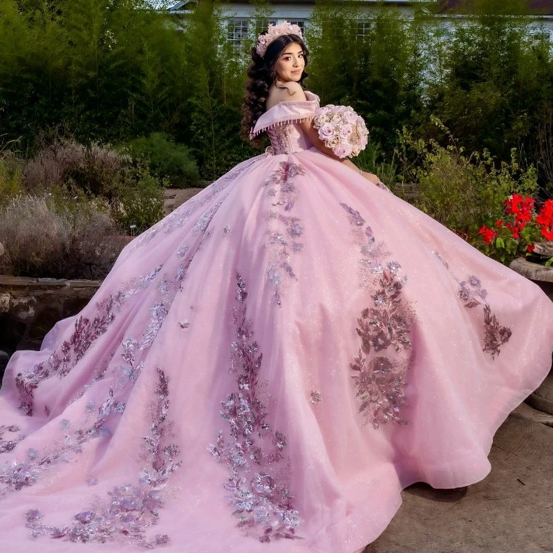 Pink Shiny Quinceanera Dresses Ball Gown Off The Shoulder Sequin Applique Lace Beads Tull Party Birthday Sweet 16 Dress Vestidos De15 Anos