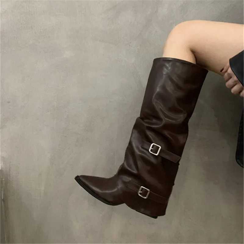 2025 Spring Autumn Pointed Toe Low Heel Punk Womens Knee-high Square Heel Lg Boots Winter Slip- Ladies Shoes Sale XJ250807