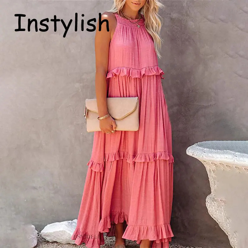 Women Casual Solid Ruffles Long Dress Summer Elegant Sleeveless Sundress Harajuku Maxi Beach Party Evening Vestido 250807