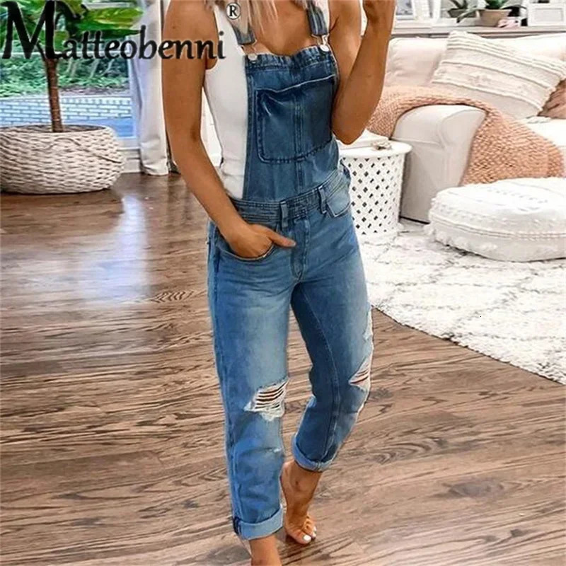 Fashion Broken Holes Straight Jeans Splicing Pocket Strap Pants Street Casual Versatile Basic Jumpsuit Female Rompers 23 250807