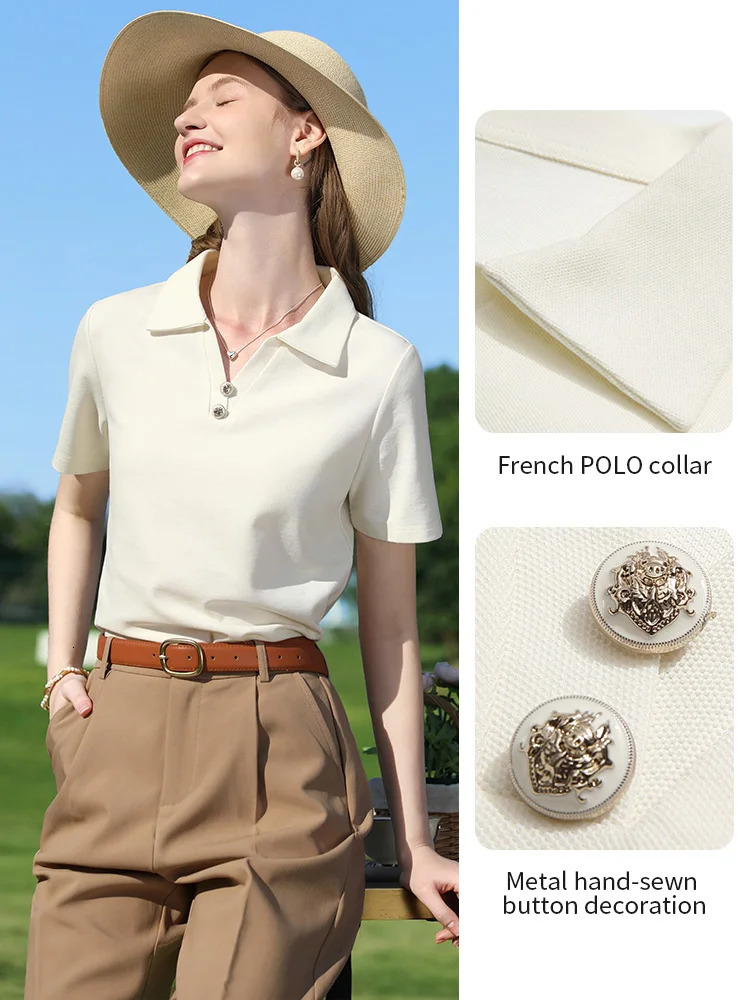 I BELIEVE YOU Women TShirt Summer Slimming Apricot French Polo VNeck Pique Breathable Commuting Short Sleeve 225950 250729