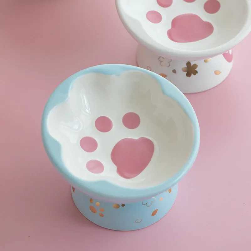 New Ceramic High-foot Oblique Mouth Cat Bowl Pet Bowl Cute Paw Shape Pet Feeder Cat and Dog Food Bowl Cervical Spine Cat Food Y250806