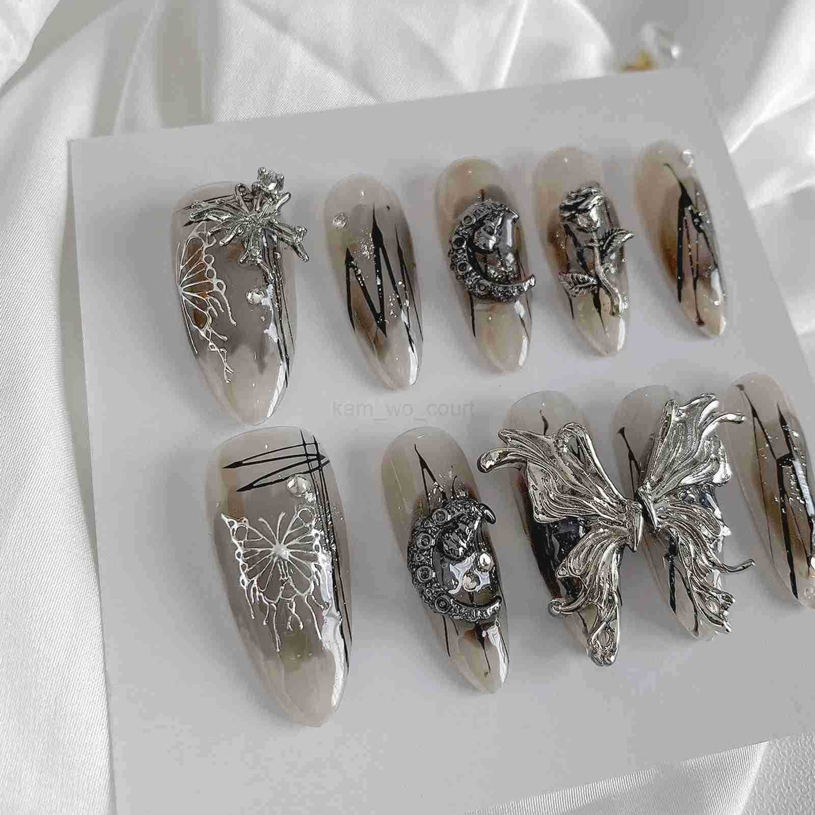 3D Silver Butterfly False Nails With Metal Moon Decor Charming Gothic Fake Nails Y2K Press On Nails Long Almond Handmade M250807