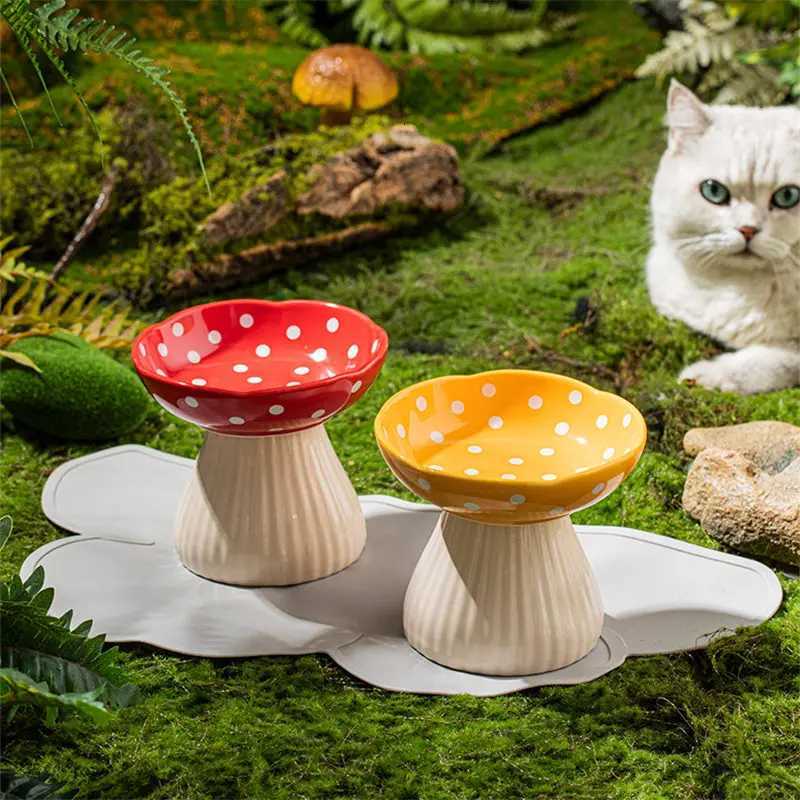 Cute Cartoon Mushroom Ceramic Pet Bowl High Foot Protection for Cervical Spine Feeder for Puppy Dog Small Cat Pet Accessories Y250806