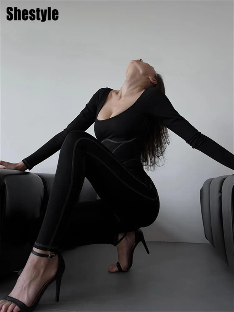 Shestyle Line Square Neck Sporty Jumpsuits Women Black Casual Bodycon BodyShape Slim High Street Playsuit Fitness Clothing 250807