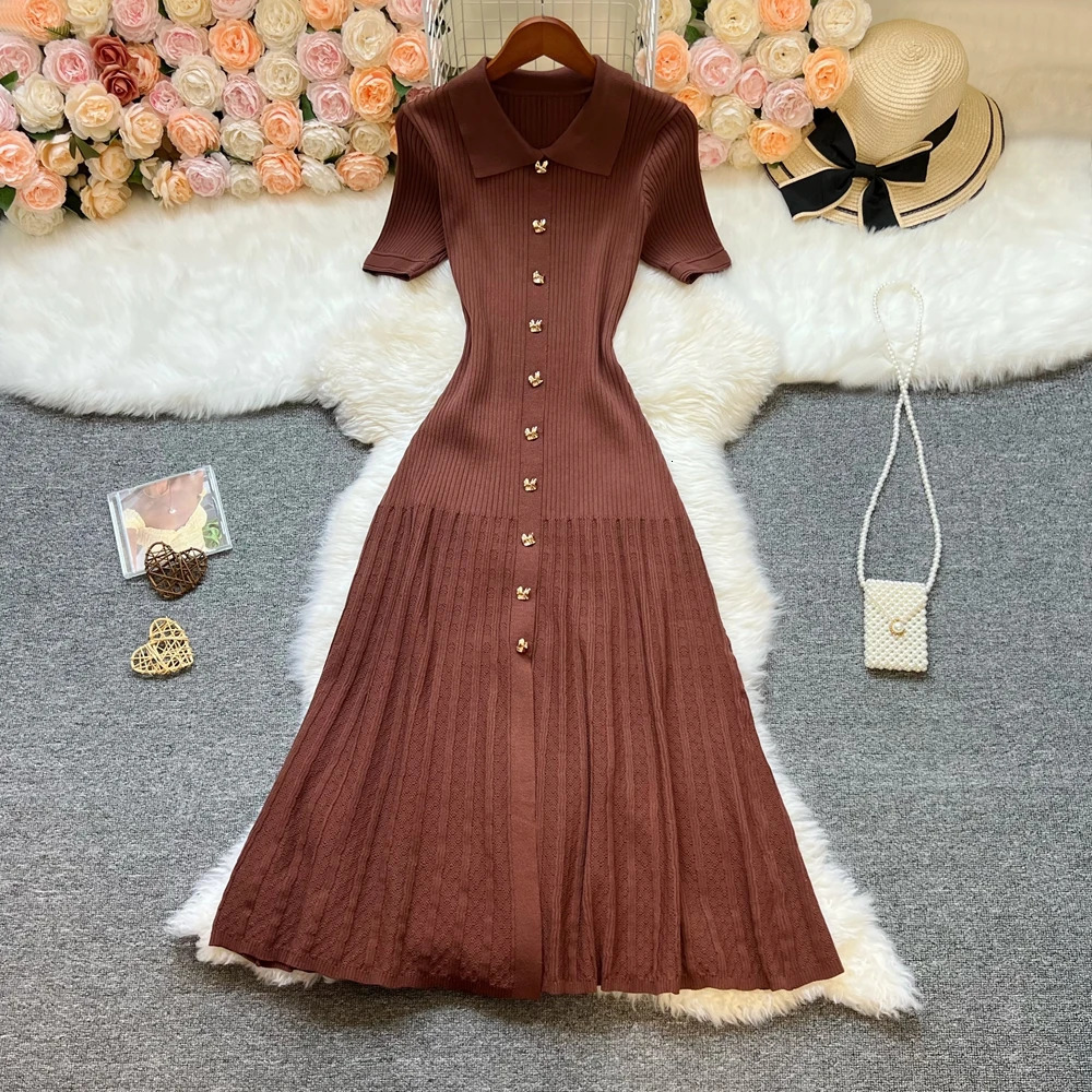 YuooMuoo Fashion Elegant Patchwork Knitted Long Dress Spring Summer Women Shirt Sweater Dress Lady Party Vestido 250806
