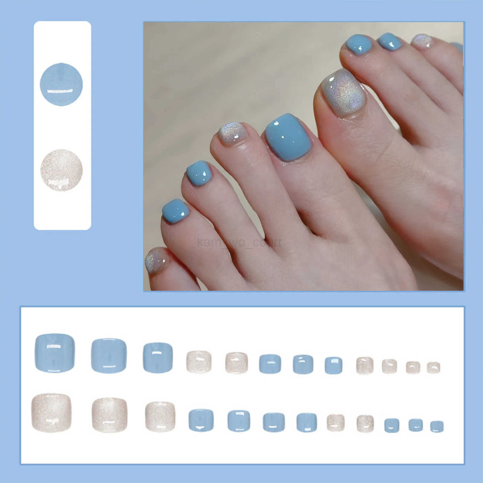 Summer Blue Fake Toenails Glossy Sequins Designs 24Pcs Short Press On Nails For Barefoot Decor Diy Manicure False Nails Art M250807