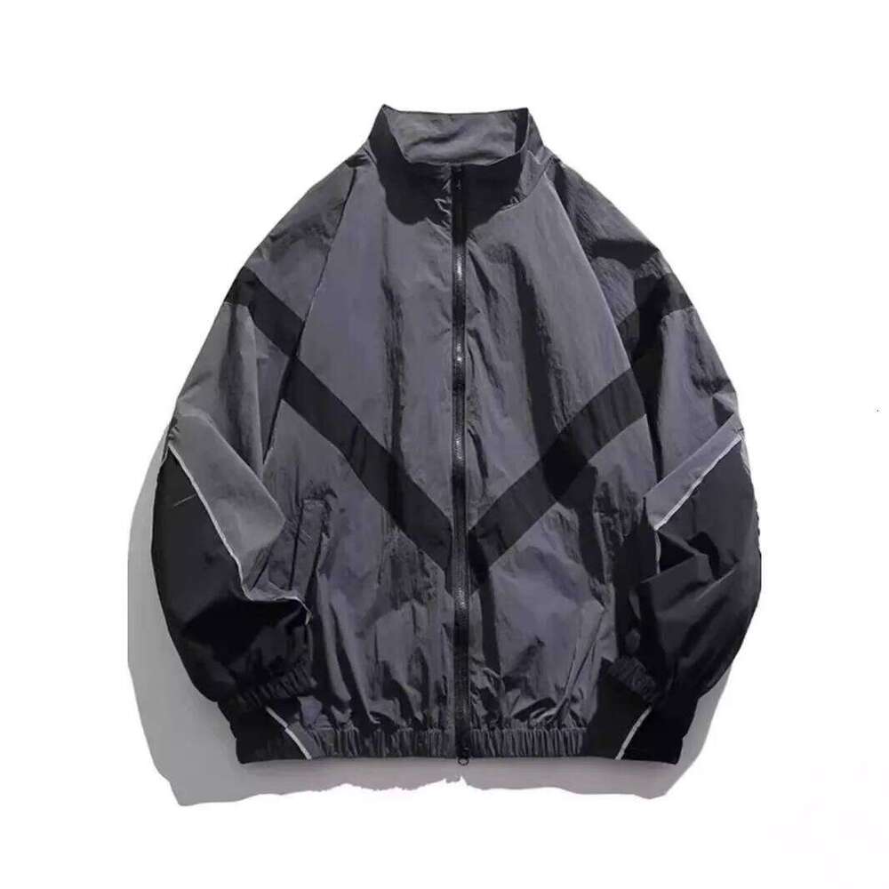 Trendy American Style Zippered Hooded Men's Loose Fit Casual Autumn Fashion Thin Jacket Reflective Patchwork Stand Collar