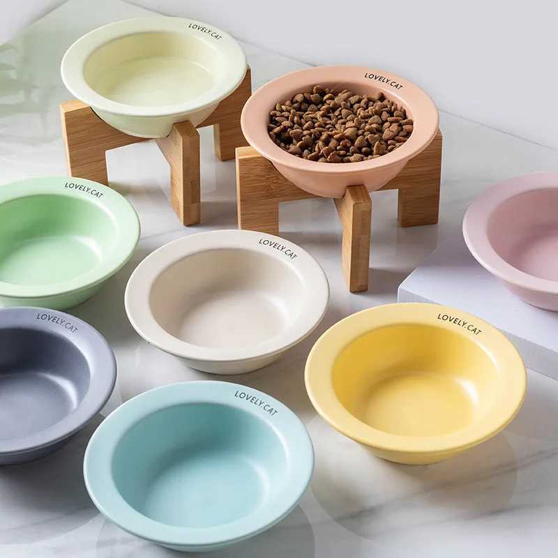UFO Pet Cat Bowl Cervical Spine Protection Slanted Mouth Ceramic Wooden Frame Bowl for Dog Cat Pet Supplies Accessories Y250806