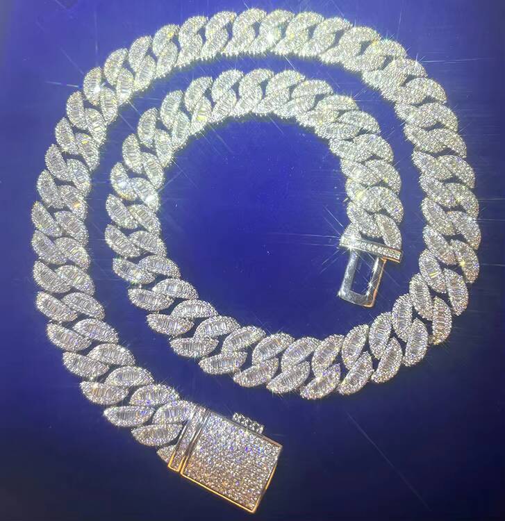 Yu Ying Fine Jewelry 925 Solid Silver 15mm Width Baguette Moissanite Chain Hip Hop Rapper Necklace Cuban Link Chain