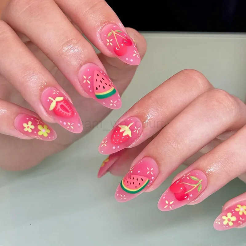 24Pcs Short Round Almond Lovely False Nails Full Cover Fresh Cartoon Fruit Pattern Designs Wearing Nails Art French Summer Nails M250807