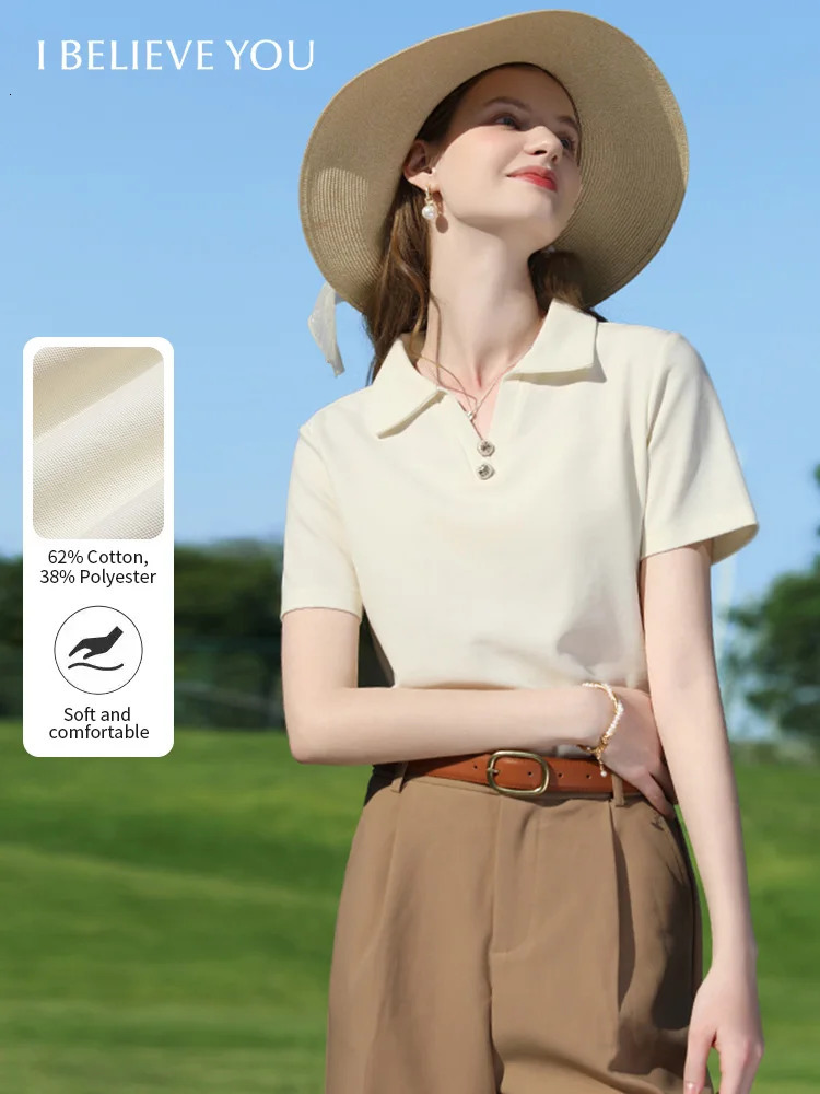 I BELIEVE YOU Women TShirt Summer Slimming Apricot French Polo VNeck Pique Breathable Commuting Short Sleeve 225950 250729