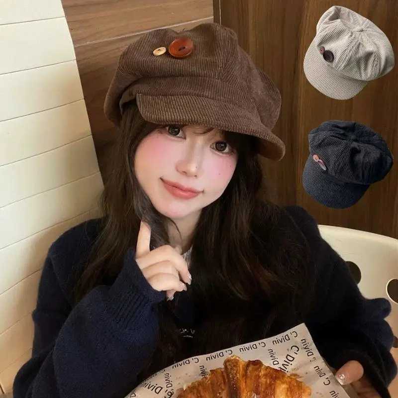 Vintage Corduroy Beret Hat For Women Korean Button Octagonal C Autumn Winter Painter Artist Hats Brown Peaked Cs XJ250807