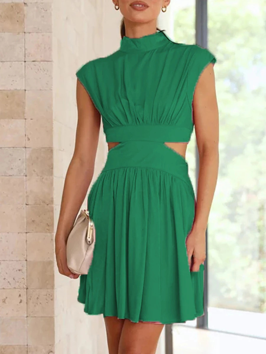 Women Summer Casual Dress Stand Collar Solid Color Cutout Pleated Party Beach Streetwear 250807