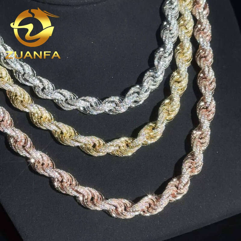 10MM 3 Color Twist Sier Rope Fully Iced Out Moissanite Dia Link Bracelet Hip Hop Jewelry Men Necklace Chain
