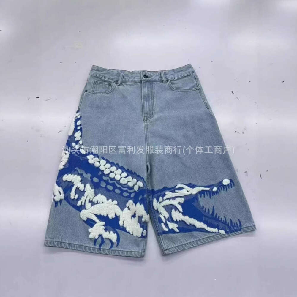 2024 Summer New American Style Washed Trendy Printed Denim Shorts Loose Casual Straight Wide-Leg Pants