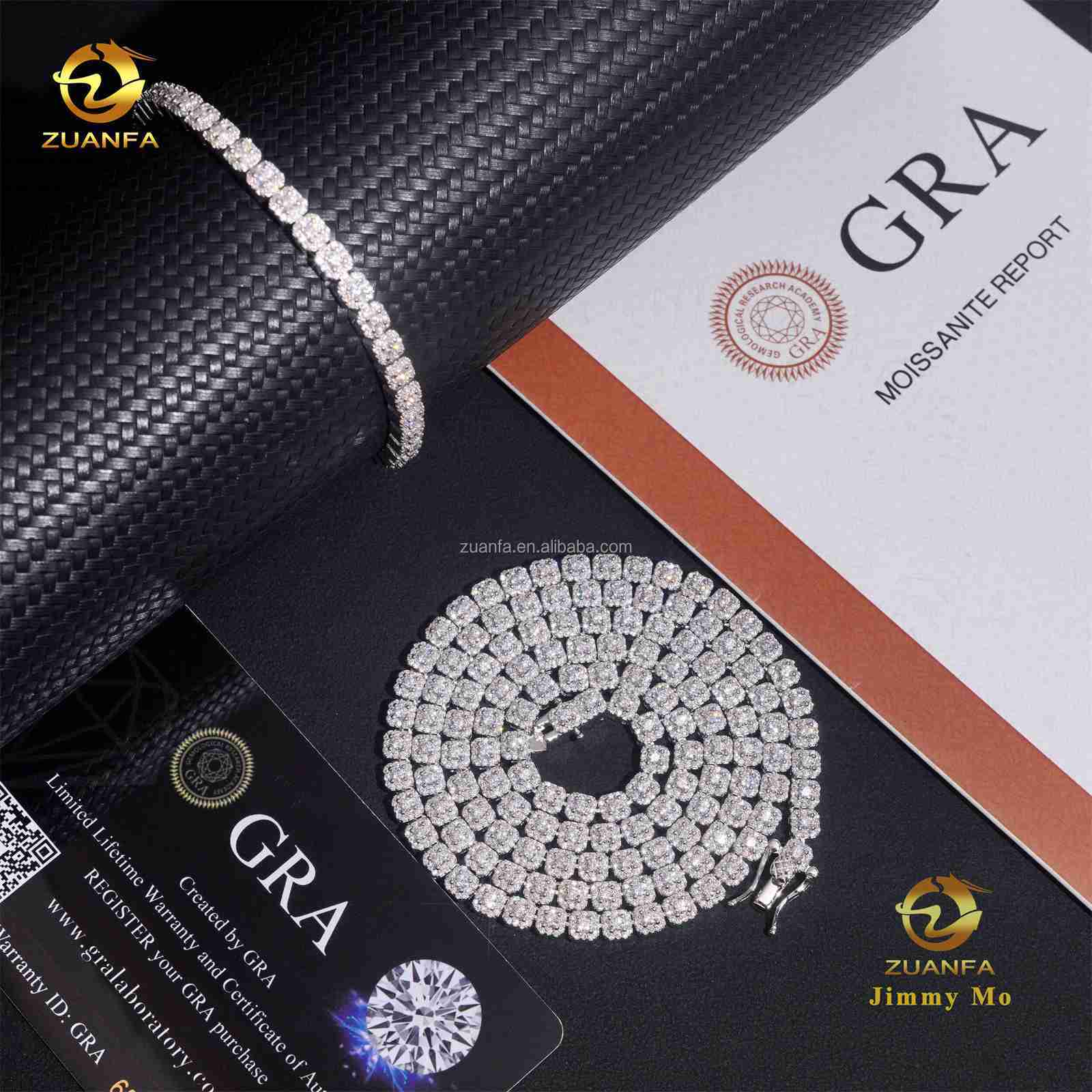 New Design Elegant Claw Setting 4mm 925 Solid Silver Hip Hop Jewelry D VVS Moissanite Diamond Cluster Tennis Chain Bracelet Set