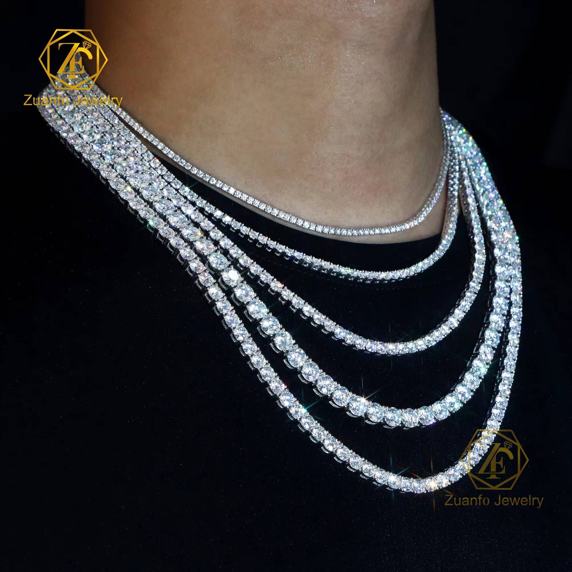 Real 925 White Silver Moissanite Necklace Chain 3mm 4mm 5mm 6.5mm Round White D Diamond Tennis Link Chain for Men Rapper