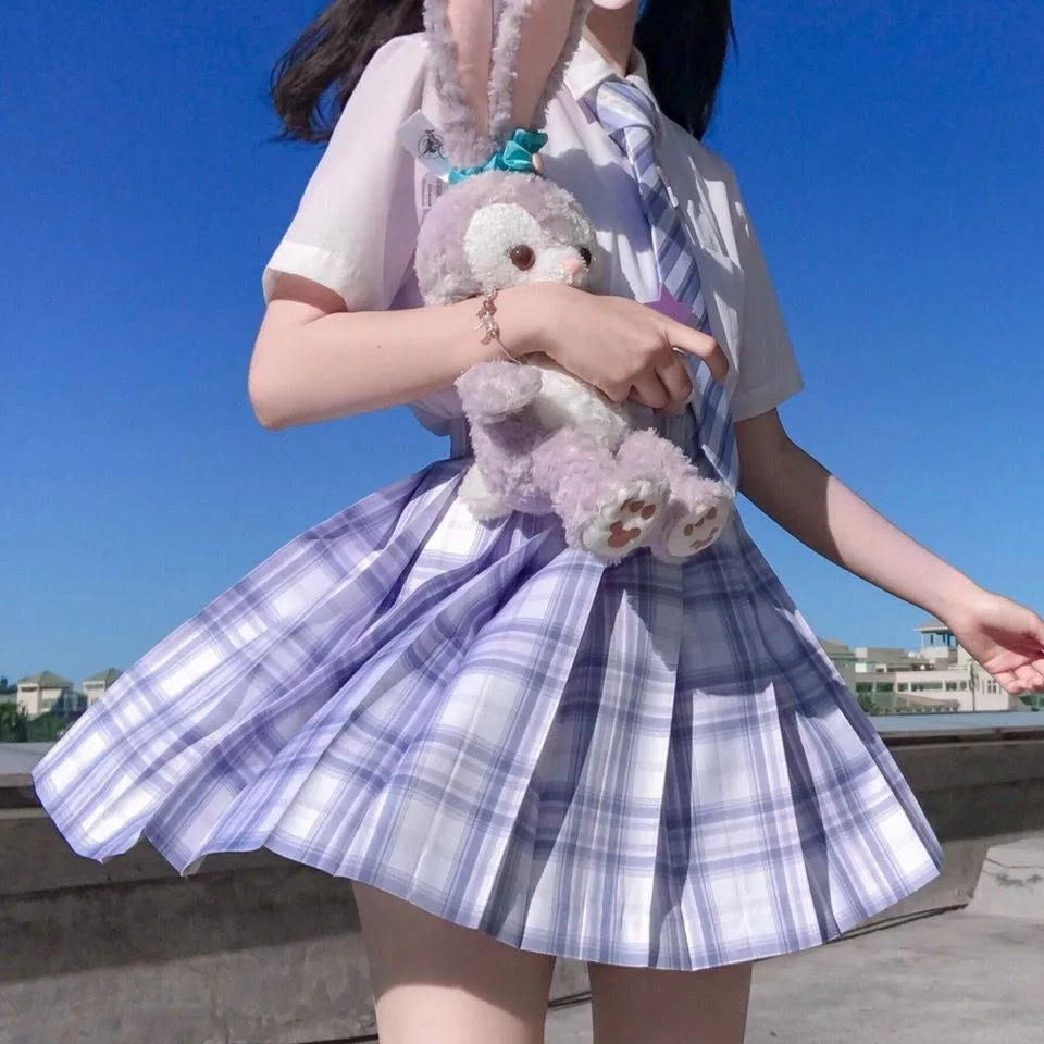 Starlight LongShort sleeve Summer High Waist Plaid Pleated Skirt Dress JK School Uniform Students Girls Clothes 250729