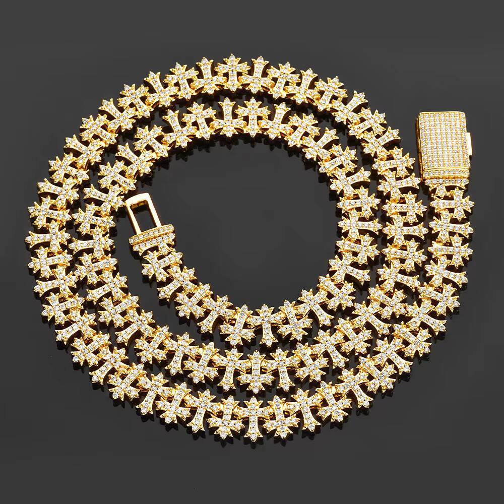 11MM Iced Out Diamond Chain Necklace Gold Plated Cross Design Bling Moissanite Fine Jewelry Gift for Women
