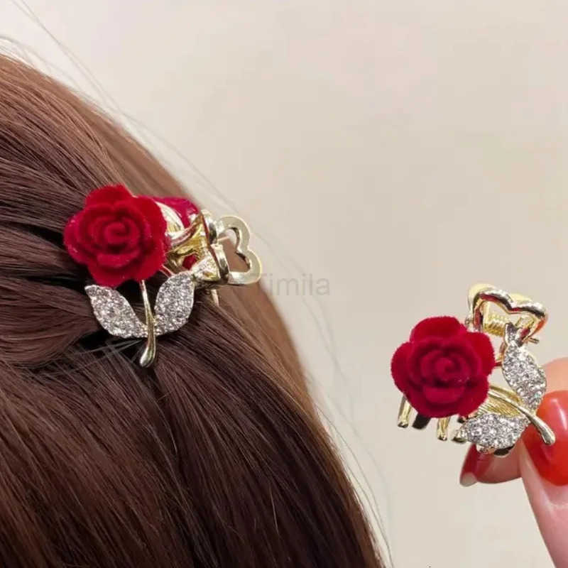 Red Rose Flower Small Hair Claw Rhinestone Rose Flower Grab Clip Fairy Hair Clips Woman Forehead Broken Hair Bangs Clip Headwear U250807