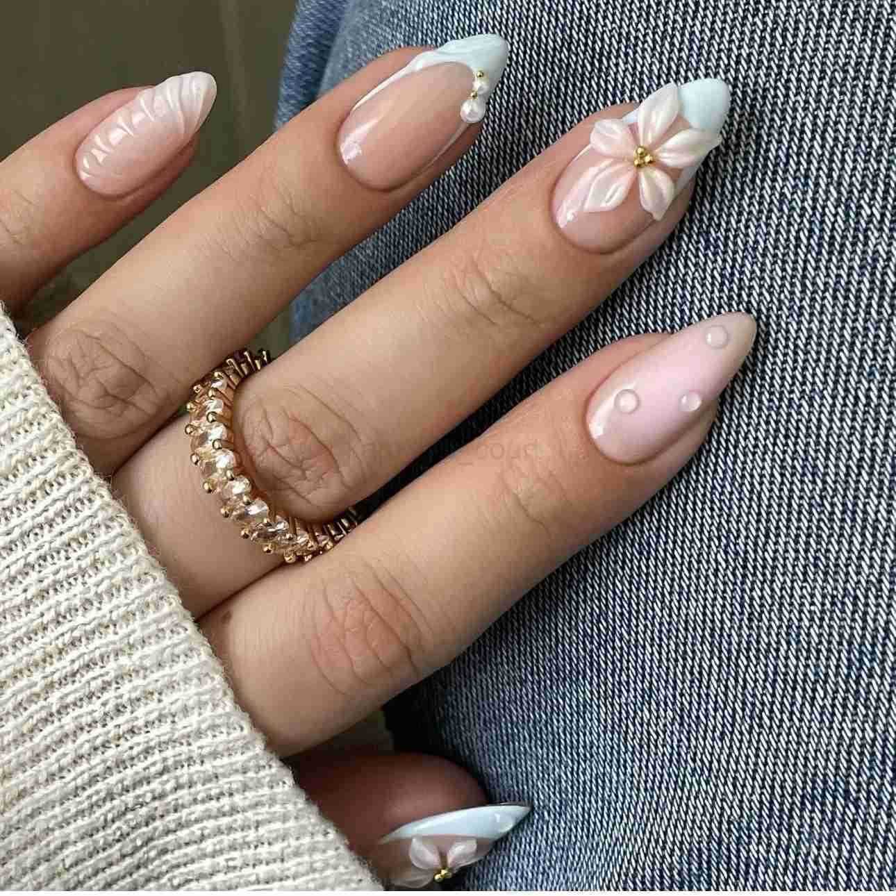 24PCS Pink Blush 3D Flower Press on Nails Sweet Simple Pattern French Fake Nails for Women Artificial Wearable Almond Nail Tips M250807