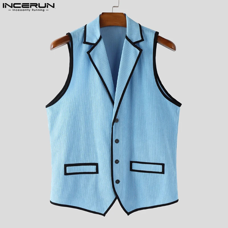 INCERUN Mens Vests Lapel Sleeveless Patchwork Color-block Casual Male Waistcoats Streetwear Button Fashion Men Clothing 250804