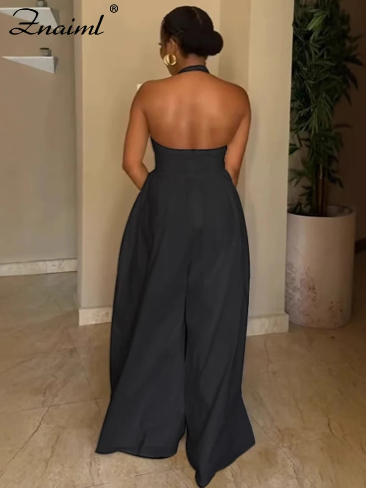 Znaiml Elegant Evening Gowns Biarthday Party One Pieces Wide Leg Pants Outfit for Women White Halter Backless Jumpsuit Rompers 250807