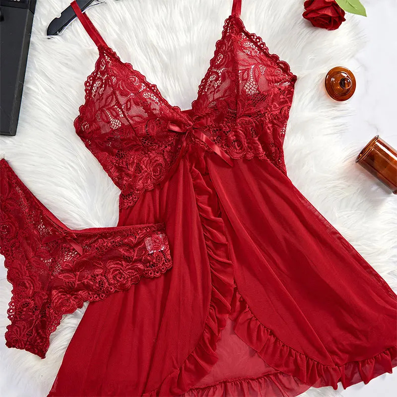 2 Pcs Set Sexy Lingerie Women Deep V Slip Dress Thong Erotic Bra Panty Sets Lace Nightdress Transparent Soft Nightgown 250807