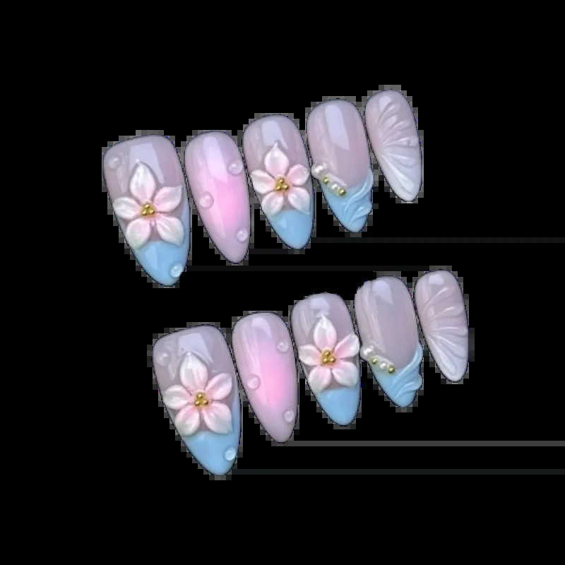 10pcs Blue French Style Handmade Press On Nails Sweet White Camellia Designs Summer Fake Nail Blush Pink Almond False Nails M250807