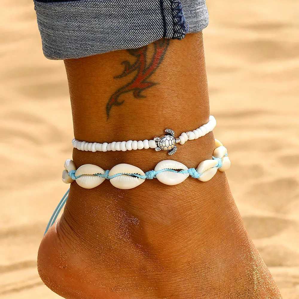 2pcs/set Summer Ocean Beach Anklet Bohemian Retro Turtle Beaded Handmade Anklet 2025 New Trendy Leg Foot Jewelry Gift Y250805