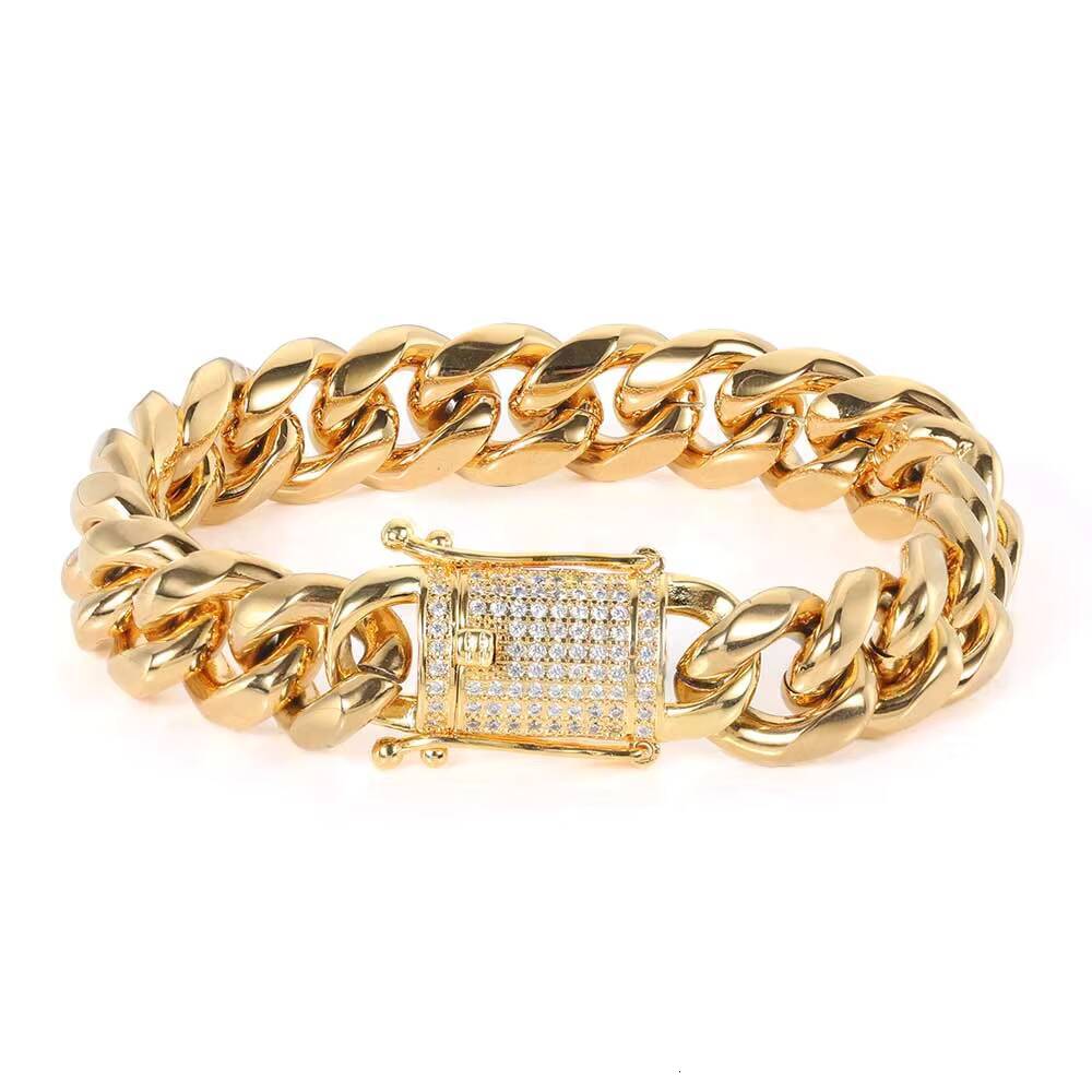 Wholesale 12mm Stainless Steel Cuban Link Chain with 18k Gold Plated Diamond Clasp Hip Hop Style Gift Necklace