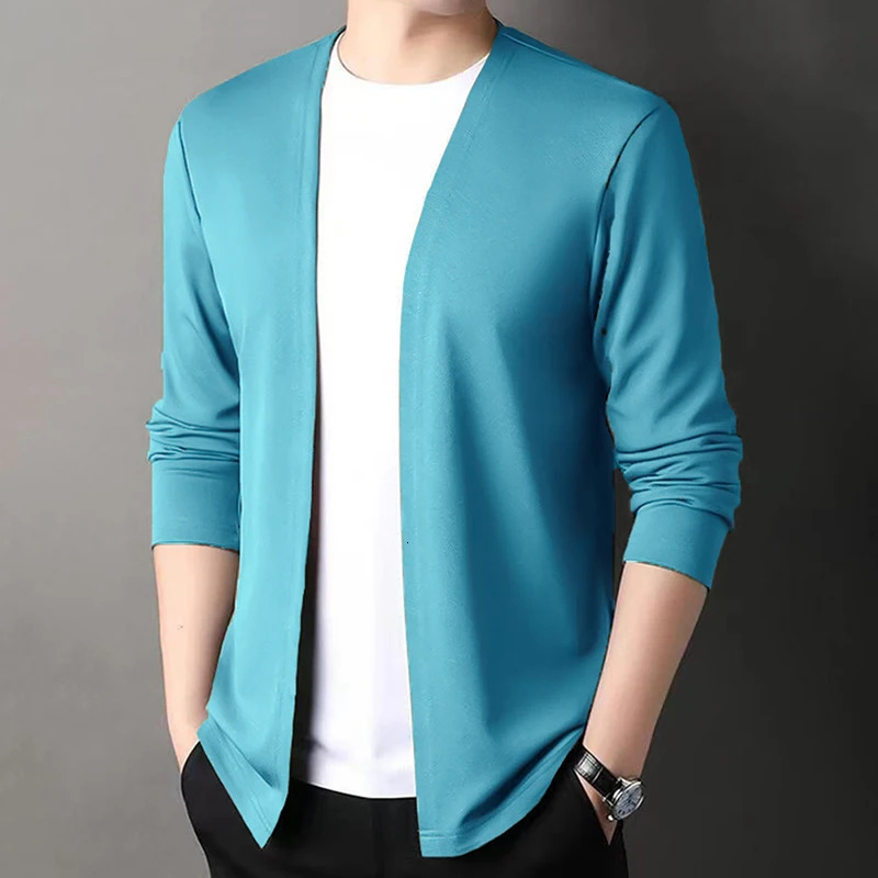Young Mens Fashionable Casual V Neck Cardigan Top Thin Slim Fit Versatile Simple Pure Color Jacket 250807