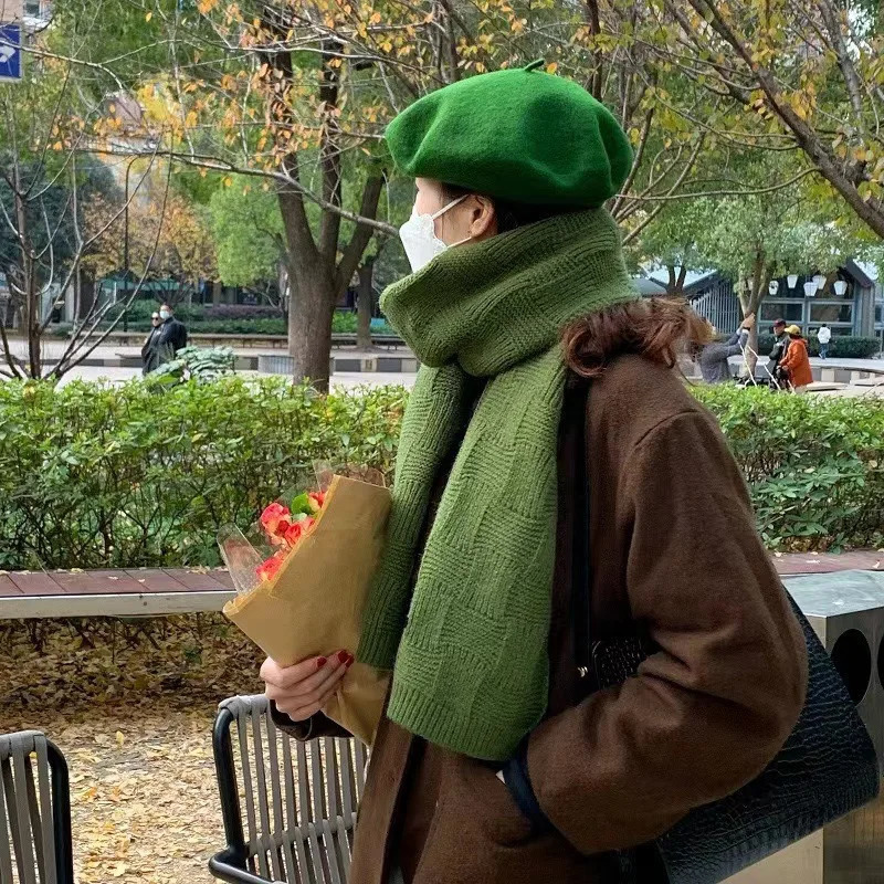 Unisex Knitted Wool Scarf for Women Men Winter Warm Solid Dark Green Red Plaid Small Check Pattern Versatile Neck Warmer 250806