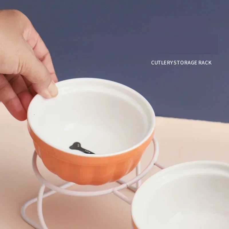 Double Bowl Cute Ceramic Pet Feeder High Foot Oblique Design Bone Fish Bone Print Protect Spine Dog Feeder Accessories Y250806