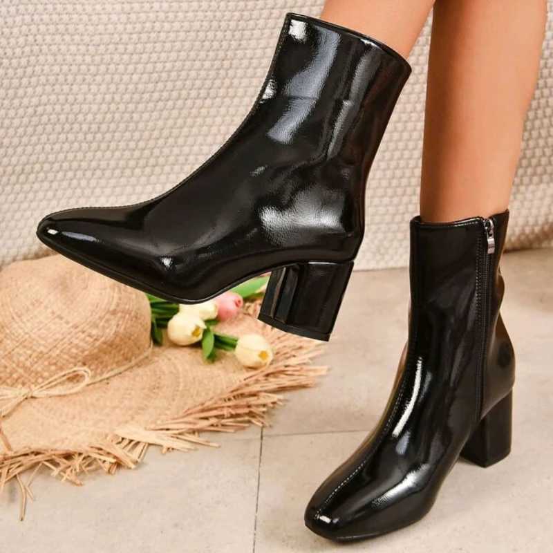 Luxury Womens Boots Side Zip Ankle Boots Block Heels Pointed Toe Women Boots Fi Women High Heels 2025 New Boots for Women XJ250807