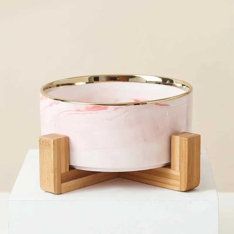 Pet Bowl Cat Bowl with Wooden Frame Cat Neck Protection Bowl Drinking Bowl Marble Double Bowl Pet Supplies Y250806