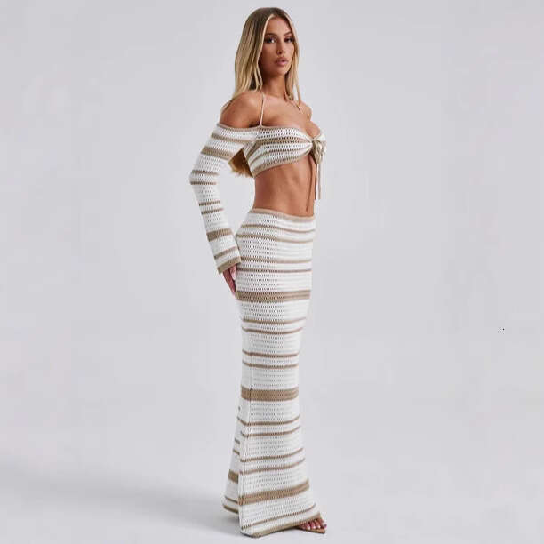 New Style Hot Girl Women's Outfit Summer Striped Long Sleeve Halter Top And Skirt Two-Piece Set For Women B5 h7