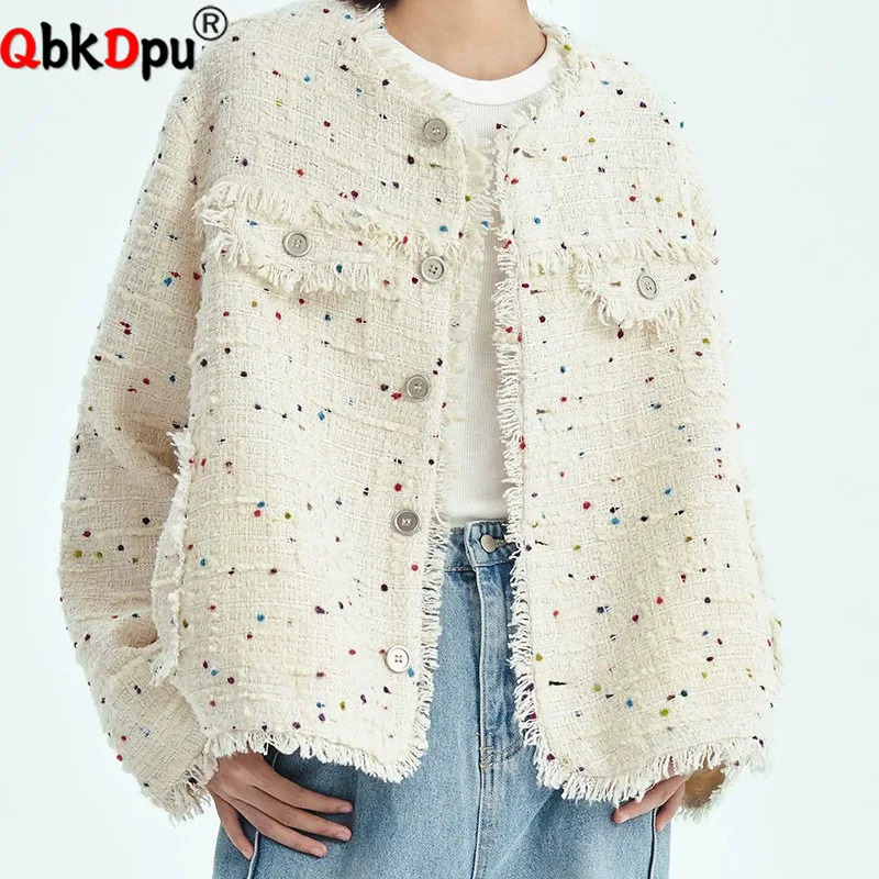 Chic n Tweed Oneck Jackets Tops Korean Fashion Loose Single Breasted Coats Women Casual Vintage Long Sleeve Abrigos Blusas 250807