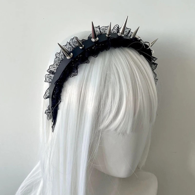 Y2K Harajuku Steampunk Gothic Lolita Punk Black Hairband with Dark Lace Rivet Pointed Nail Trendy Accessory for Women 250730