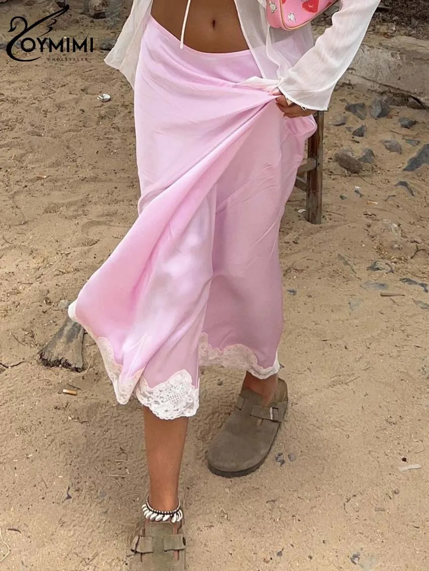 Oymimi Elegant Pink Lace Skirts For Women Casual Low Waisted Patchwork Skirts Streetwear Fashion Straight Ankle-Length Skirt 250804