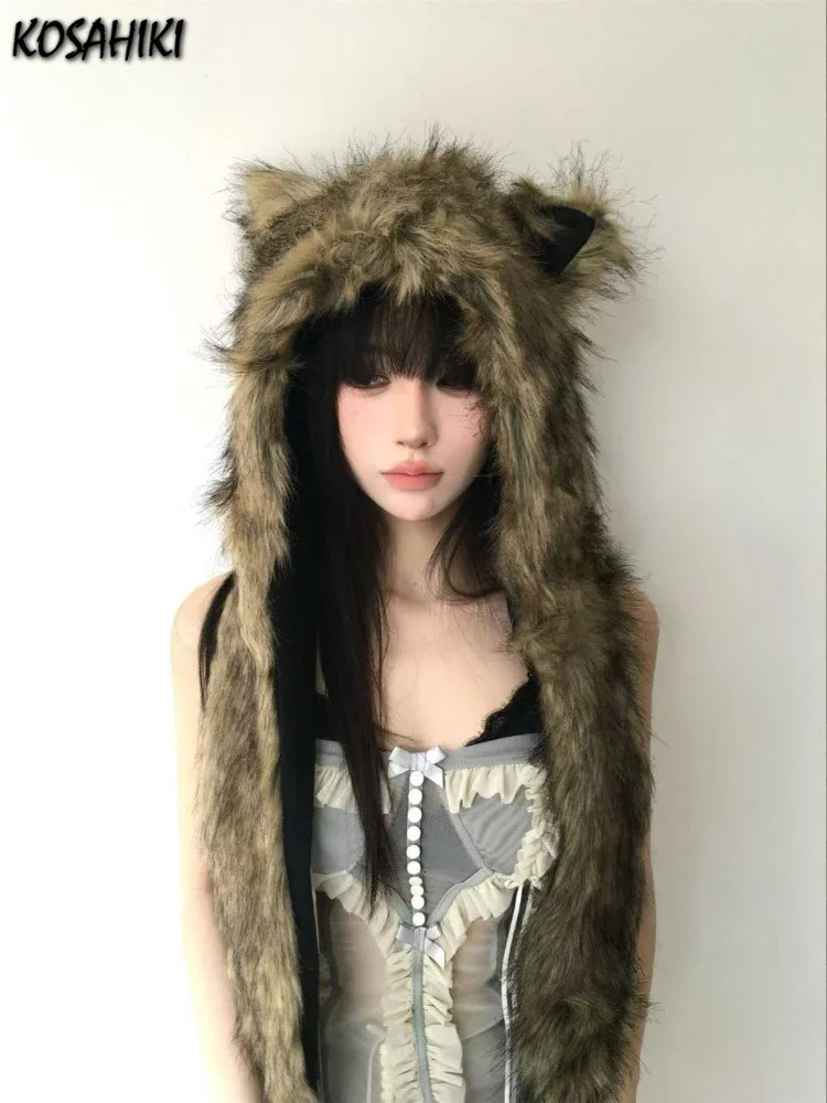 Japanese Kawaii Cute Fur Scarf Hat Winter Keep Warm Y2k Aesthetic Fashion Vintage Cap Bears Ears Women Hats Grunge Streetwear 250806
