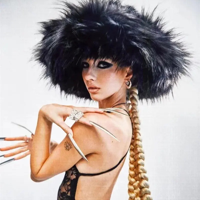 Winter Women Faux Fur Bucket Hat Warm Raccoon Fur Hat Oversize Outdoor Punk Hat Girl Fashion Long Fur Bucket Hat Furry Cute Cap 250806