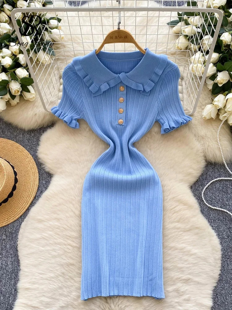 SINGREINY American Retro Knit Bodycon Sundress Women Lapel Neck Short Sleeve Elastic Ruffles Sheath Striped sweet Dress 250807