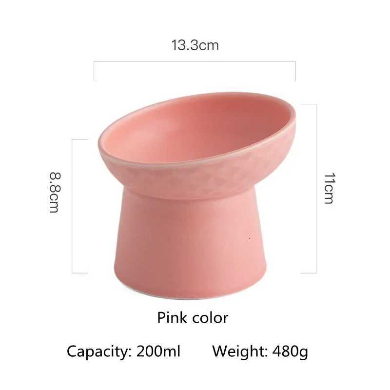 Cute Candy Color Ceramic Pet Bowl Oblique Mouth High Bowl for Dogs Cats Spine Protection Flat Face Design Dog Accessories Y250806